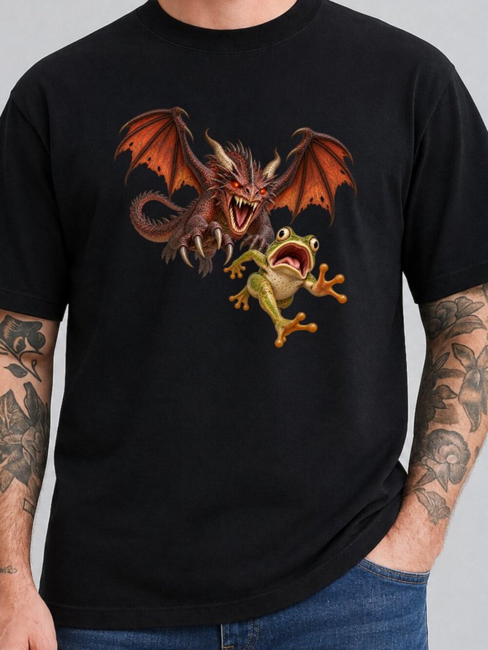 Dragon Chasing Frog TShirt Graphic Tee Adult Unisex Funny Animal Fantasy Gift